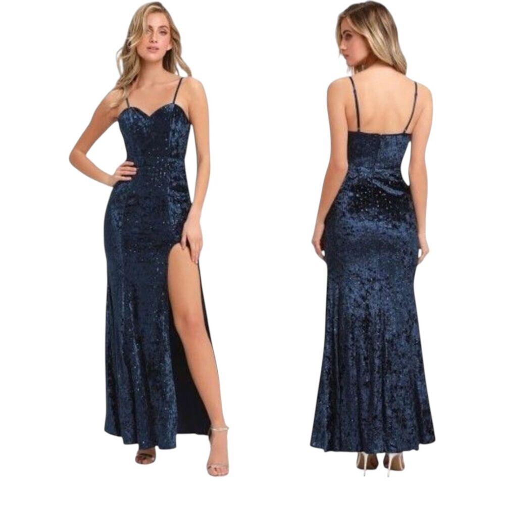 NWT Lulus Navy Sequin Formal Prom Evening Gown Side Slit Size Large